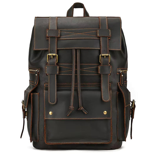 High Quality Genuine Leather Vintage Backpack with Metal Buckles